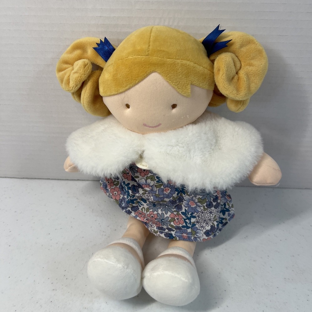 JoliJou Paris Les Demoiselles Blonde Pretty Doll Plush Blue Dress France 12"